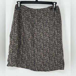 AST SILK MINI SKIRT TAN & BLACK TINY FLOWERS, 2 BUTTONS AT TOP FRONT, VERY SILKY